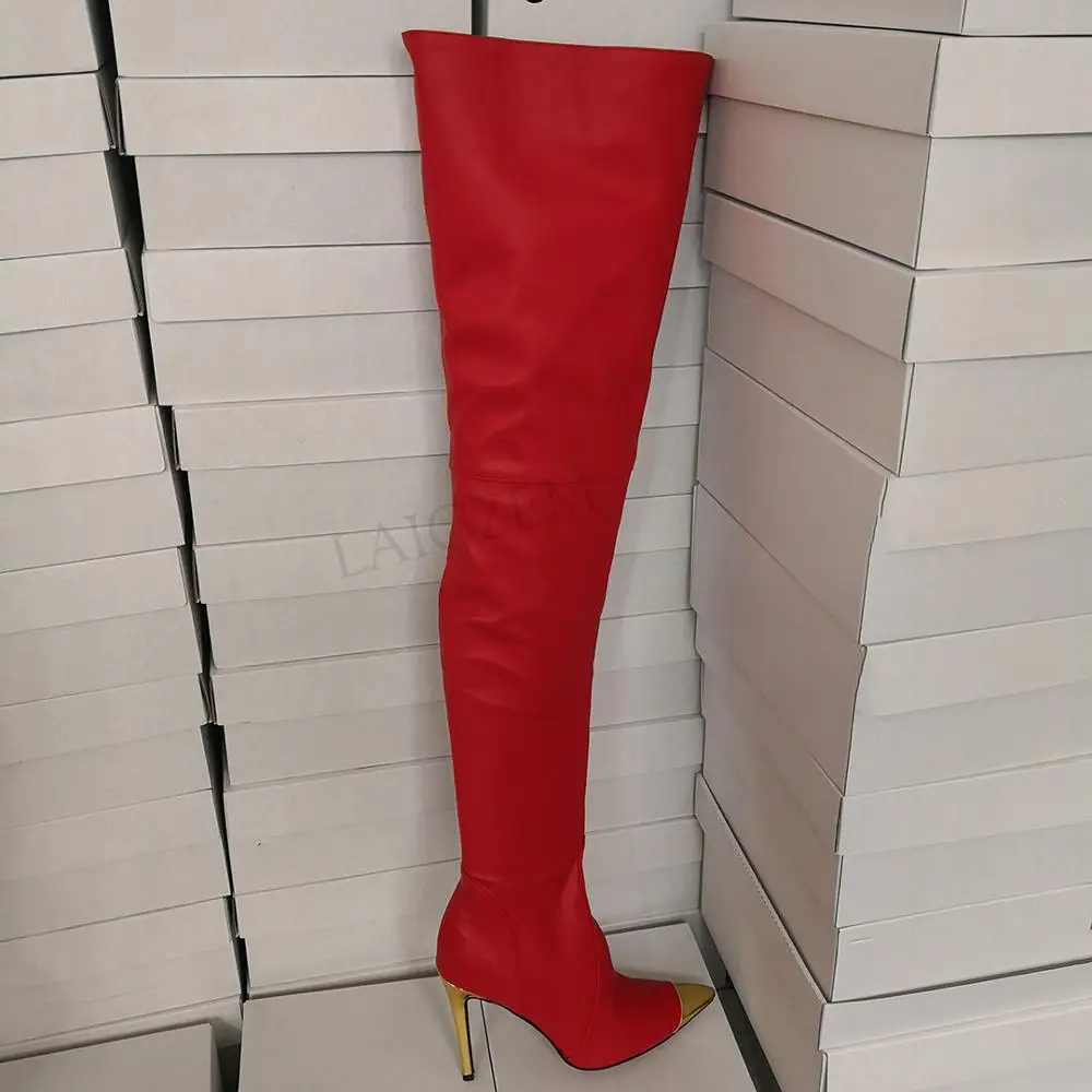 LAIGZEM NEW Women Thigh High Boots Gold Pointy Toe Stiletto Heels Zipper Tall High Boots Party Show Botines Mujer Big Size 4-14 (4)