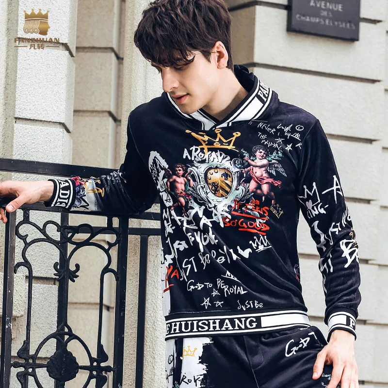 

Fanzhuan Free Shipping 2018 New men's Male MAN casual Autumn Trendy pattern Printed hooded Sweatshirts black personality 825173