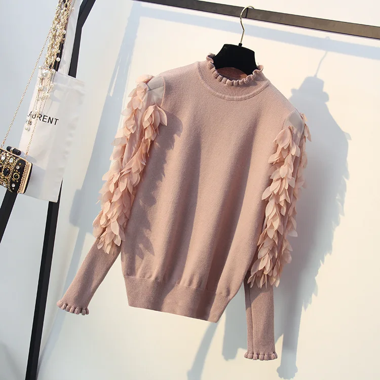 Korean Ruffled Collar Knitted Women Sweater Spring Autumn Loose Jumper Fashion Flowers Sleeve Sweater and Pullover Femme Pull