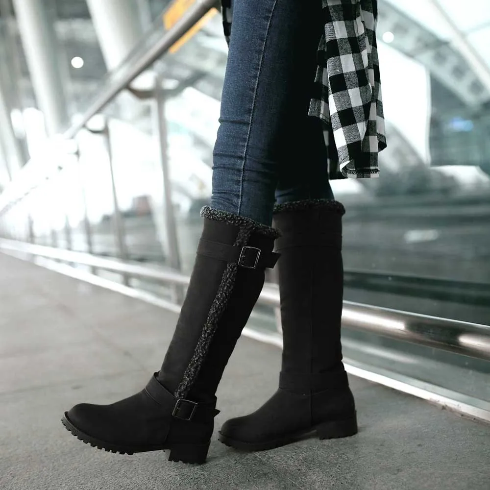 Motorcycle Boots Suede For Women Winter Boot Long Tube Stylish Mid Heels Warm Fur Knee-High Shoes Buckle Strap Riding Botas