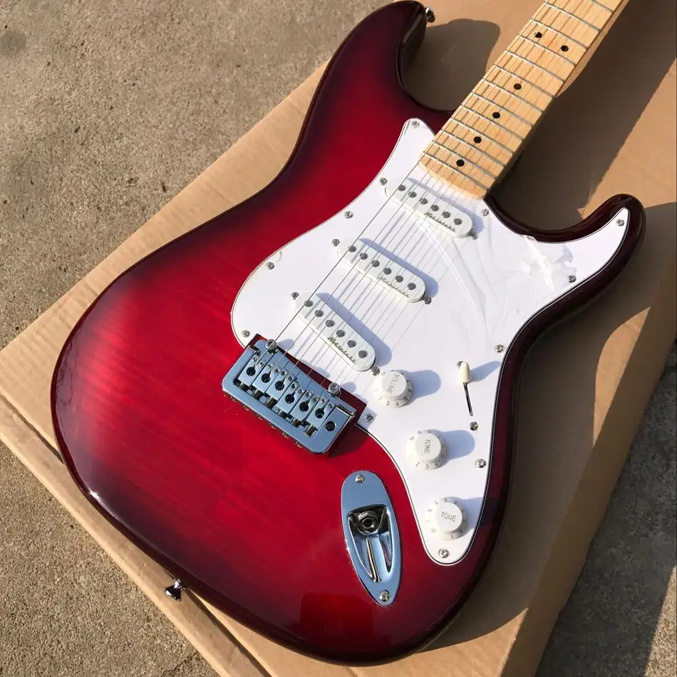

Top Quality GYST-1057 Solid mahogany body transparent red Color with tiger stripes cover Electric Guitar, Free shipping