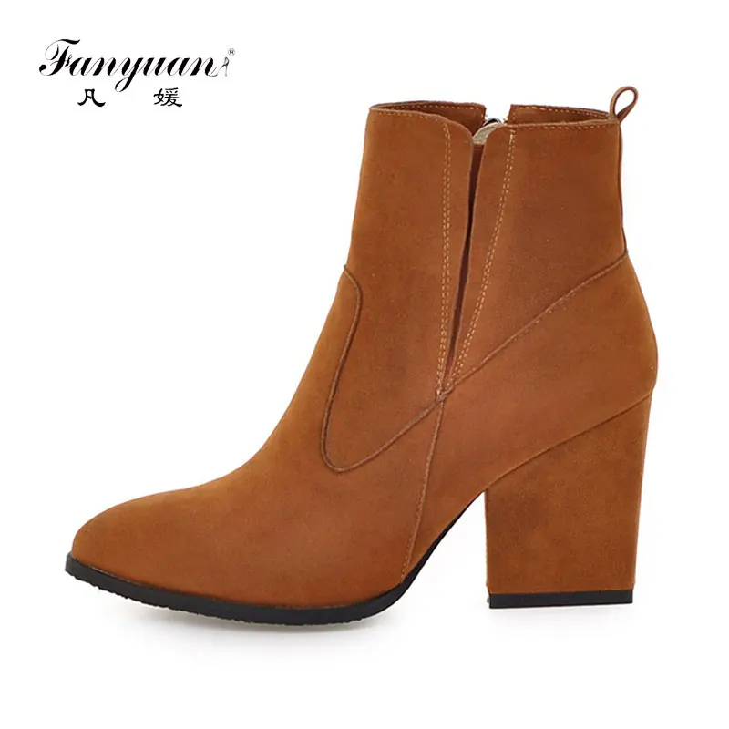 

Fanyuan 2017 Flock Pointed Toe High Heels Ankle Boots Women Square Heel Boots Black Blue Women Autumn Soild Color Short Boots