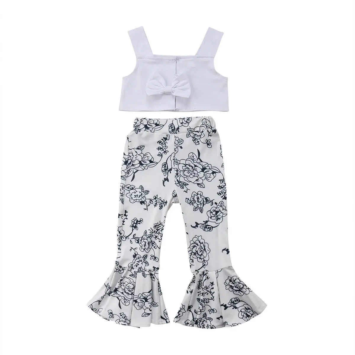 Summer Toddler Baby Girl Sleeveless Bow Crop Tops+Floral Bell bottom