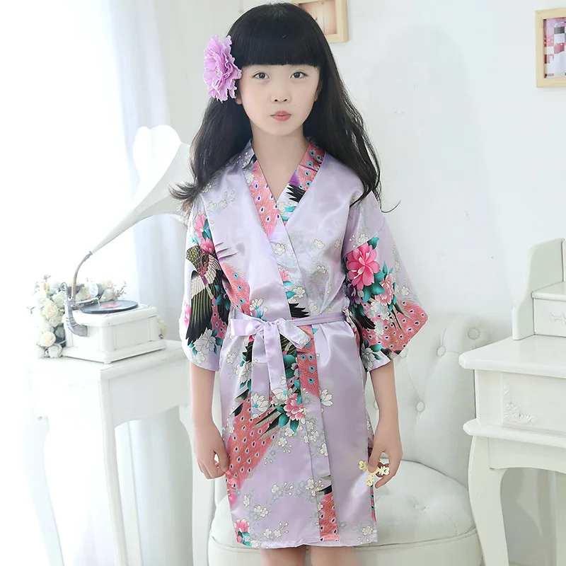 

Silk Girls Pajama Tops Children Sleeve Peacock Kimono Robe Girl Sleepwear Clothing Kid Nightgown Sleepwear Clothes Sleep Skirt