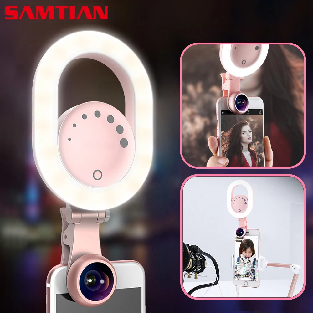 

SAMTIAN LED Selfie Ring Light With Phone Wide Angle Macro Lens For Smartphone Youtube Makeup Beauty Live Stream Photo Light