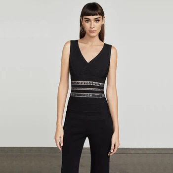 

New Arrival Fashion Beading Long Bandage Jumpsuit 2018 Celebrity Evening Party Jumpsuits Sexy V Neck Bodycon Playsuit Vestidos