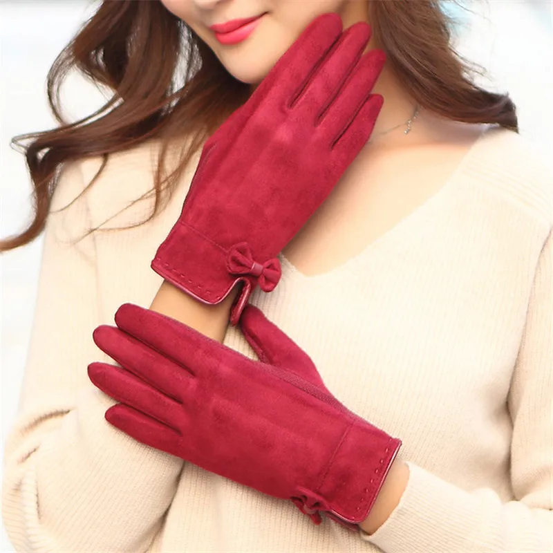 

Lady Butterfly Knot Suede Gloves Female Winter Fashion Korean Version Velvet Lined Driving Anti-Slip Touchscreen Gloves XSS01