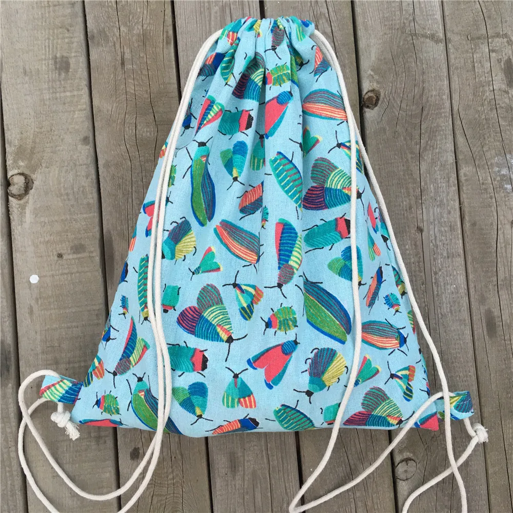 

YILE Cotton Linen Eco Drawstring Backpack Student Book Bag Print Insects Blue Pink Base 8115e