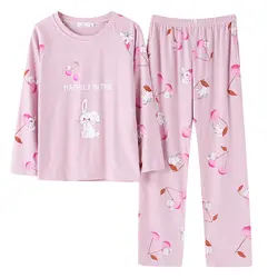 Пижамы для Новинки для женщин весна-осень пижамы наборы мультфильм Розовый Кролик пижамы с длинным рукавом пижамы с круглым вырезом Пижама
