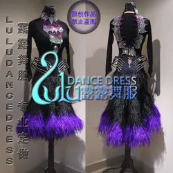 Костюм Vestito сексуальные Salsa латино танцевальная одежда латино сала да балло di Danza в костюм ча-chablack Фиолетовый Страусиные перья платье