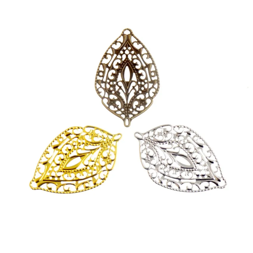 Free shipping 25Pcs Antique Bronze/Gold Color/Silver Leaf Filigree Wraps Connectors Metal Crafts Gift Decoration DIY 57x36mm