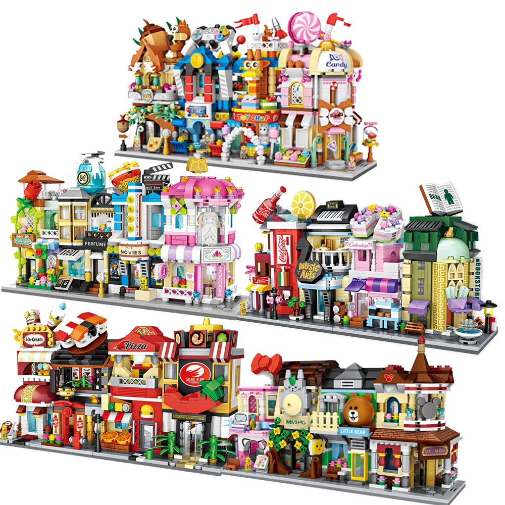 

2019 Micro-drilled Mini Street View Cartoon Theme Compatible Legois City Architecture Street Building Blocks Girl DIY Toys Gift