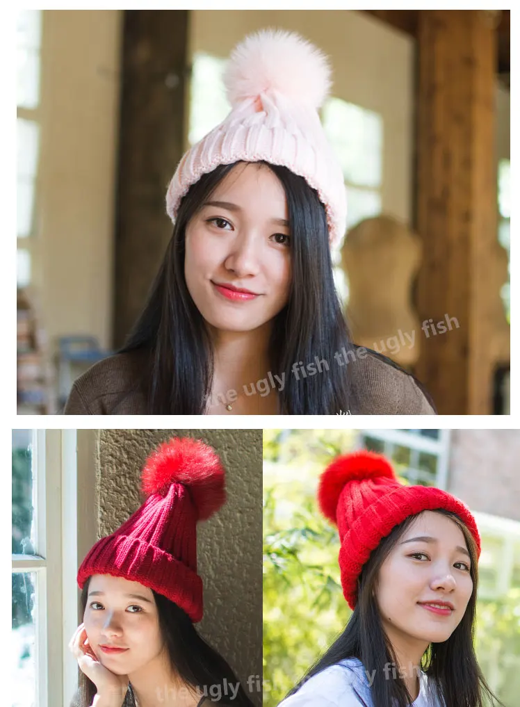 Winter fur pompom hat for women fur hat pom pom hat fur pom poms beanie women bobble hat (19)