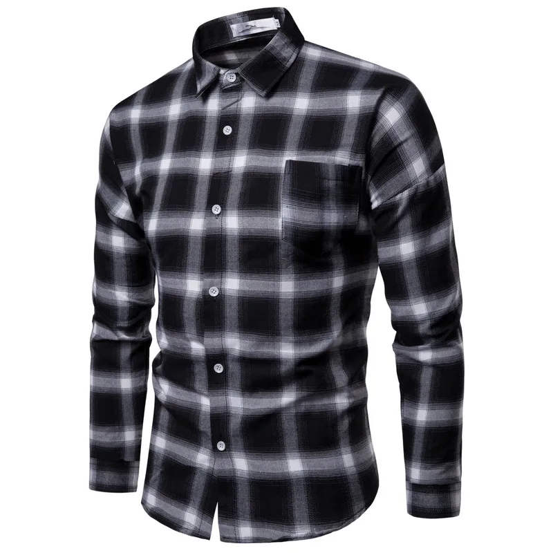 Drop Shipping Men Plaid Shirt Long Sleeve Flannel Shirts 2019 Fashion Casual Red Checkered Man Clothes Cotton Chemise Homme Blue