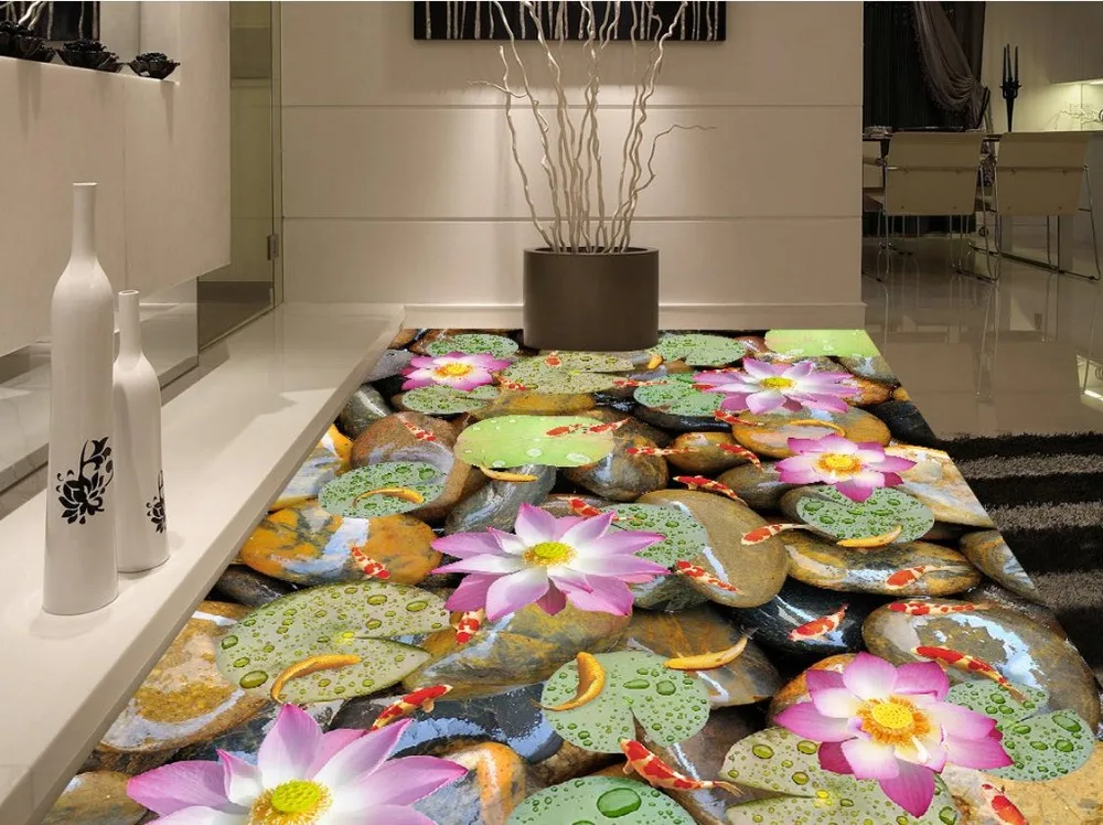 

Photo wallpaper mural floor Carp Lotus cobblestone floor 3D wall murals wallpaper 3d floor wallpapers Home Decoration