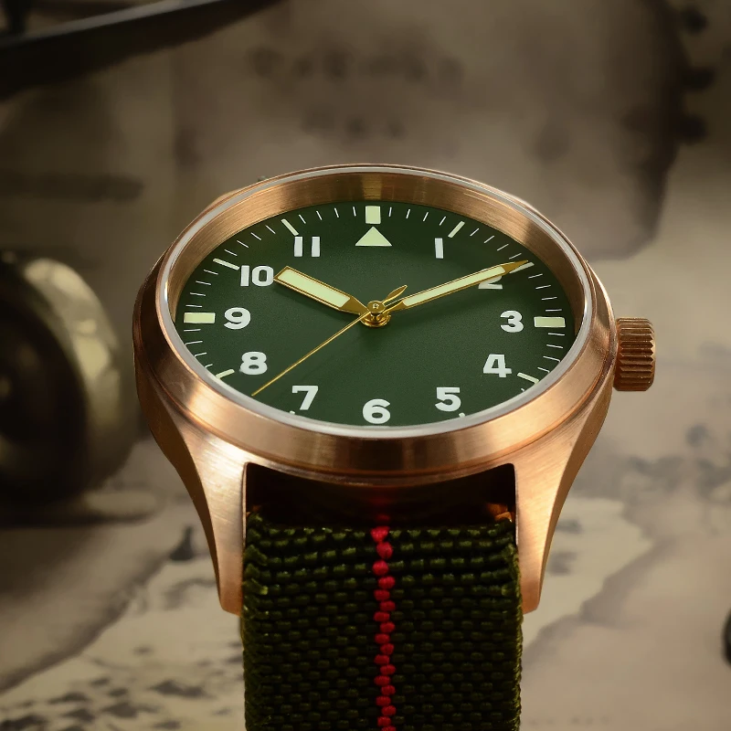 Мужские бронзовые автоматические часы-пилот San Martin, винтажные наручные часы для дайвинга, Водонепроницаемость 200 м, сапфировое стекло с эластичным нейлоном bel