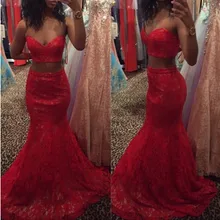 Schatz Prom Kleider Rot Zweiteilige Robe de soiree Lace 2017 weg von der Schulter Meerjungfrau mit Sweep Zug Sexy Backless Abendkleid