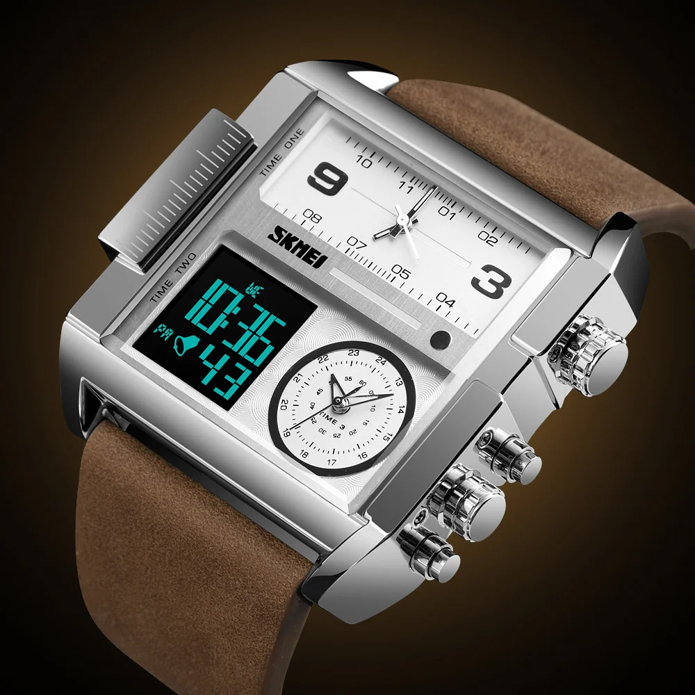 Skmei Men Watch Led Digital Leather Strap Rose 3 Time Week Analog Quartz Men Sport Wristwatches For
