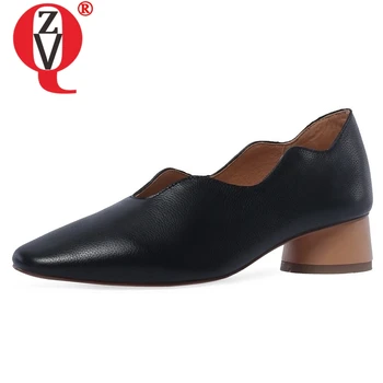 

ZVQ shoes women 2019 spring new concise square toe shallow slip-on women pumps outside genuine leather plus size ladies shoes