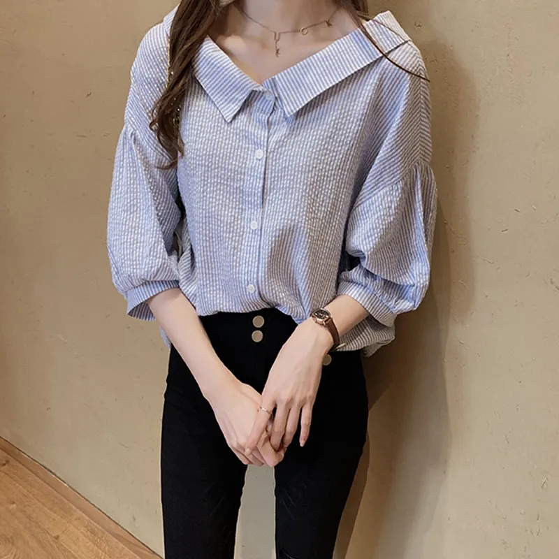 

Women Elegant Striped Cotton Pleated Shirts Lantern Sleeve Turn Down Collar Blouse Female Casual Brand Tops Blusas