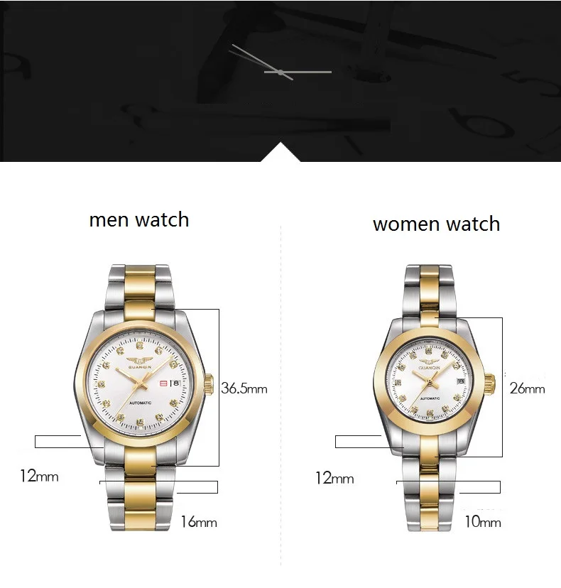 GUANQIN Gold Couple Watch Men Women Mechanical Watch Luminous Calendar Week Waterproof Rhinestones Automatic Lovers Watches (7)
