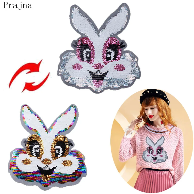 

Prajna Rabbit Bunny Patch Reversible Sequin Patch Sewing On Embroidered Patches For Clothes Fabric Stickers Cute Cartoon Parches