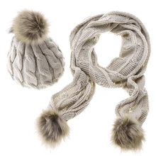 Сезон Зима теплые Для женщин вязаный шарф Hat вязания шапочки Кепки лыжный шарф+ шапка