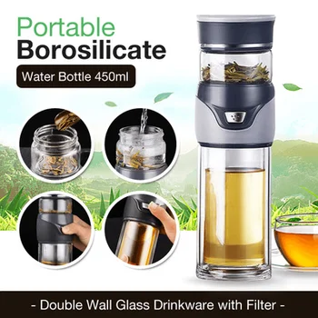 

Outdoor Portable Water Bottle Borosilicate Double Wall Glass Drink ware with Filter Clear 450ml