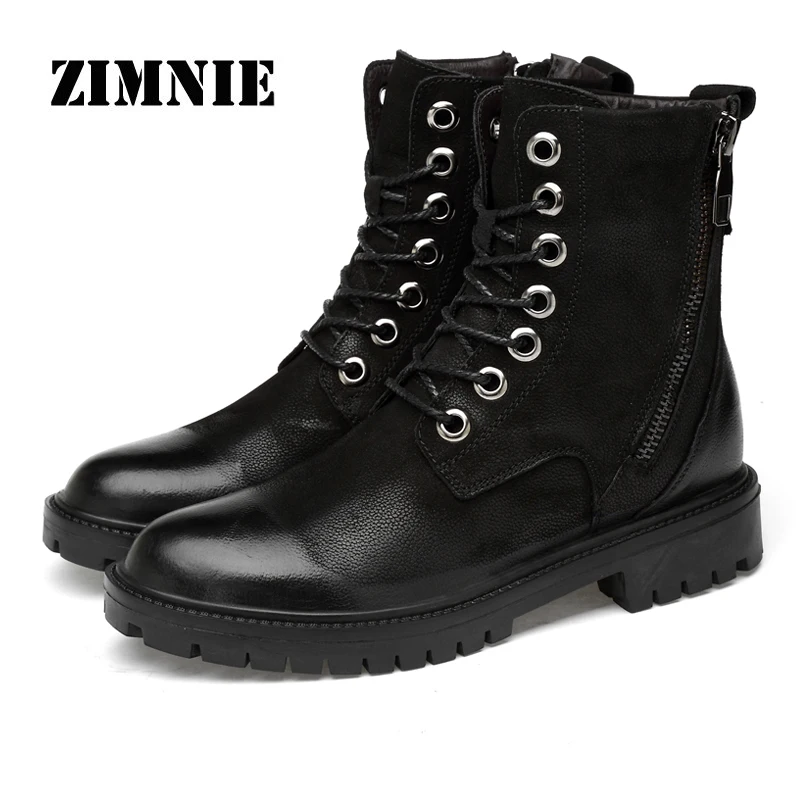 ZIMNIE Autumn Winter Men Motorcycle Boots Genuine Leather Lace-Up Boots Black Khaki British Style Men Boots Big Size 37-47