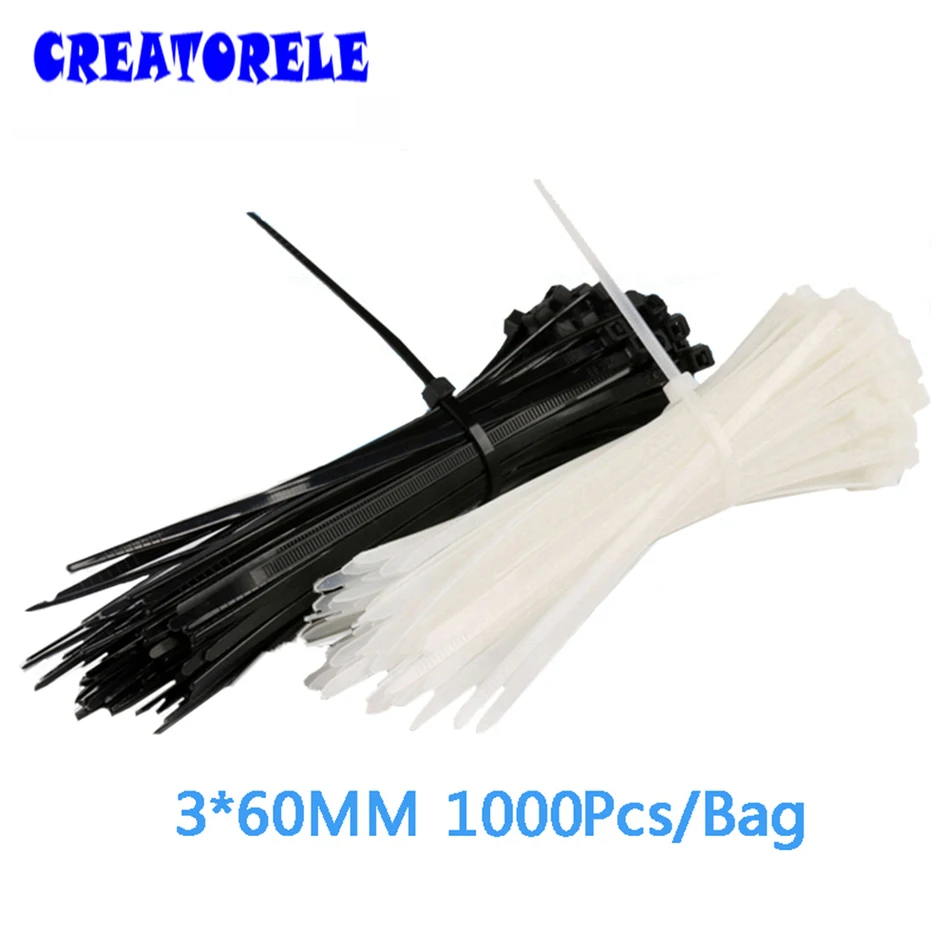 

3*60mm 1000Pcs/bag white and bIack for choose veIcro nyIon cabIe tIes cabIe wire tIe SeIf-Iocking pIastic tIe zIp tIes