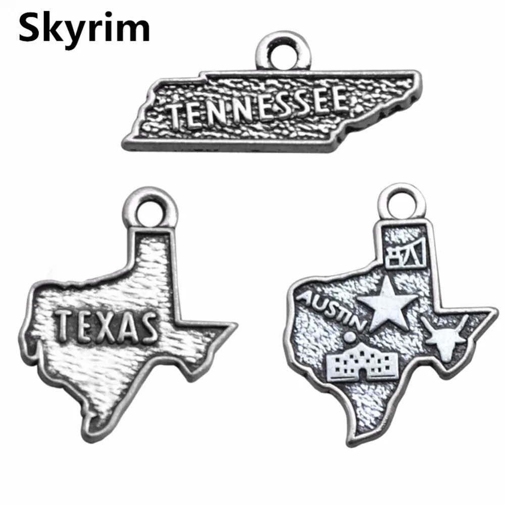 Skyrim Unique Geography Charms Austin&ampTennessee&ampTexas Map Folating Pendants For DIY Jewelry Accessories Making Findings 30Pcs |