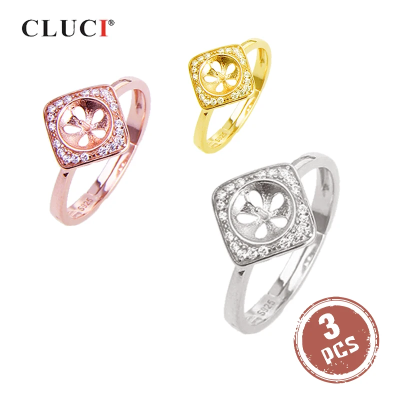 

CLUCI 3 шт. квадратное кольцо из стерлингового серебра 925 пробы женское жемчужное крепление для ювелирных изделий в виде кольца регулируемые геометрические кольца из циркона SR2186SB