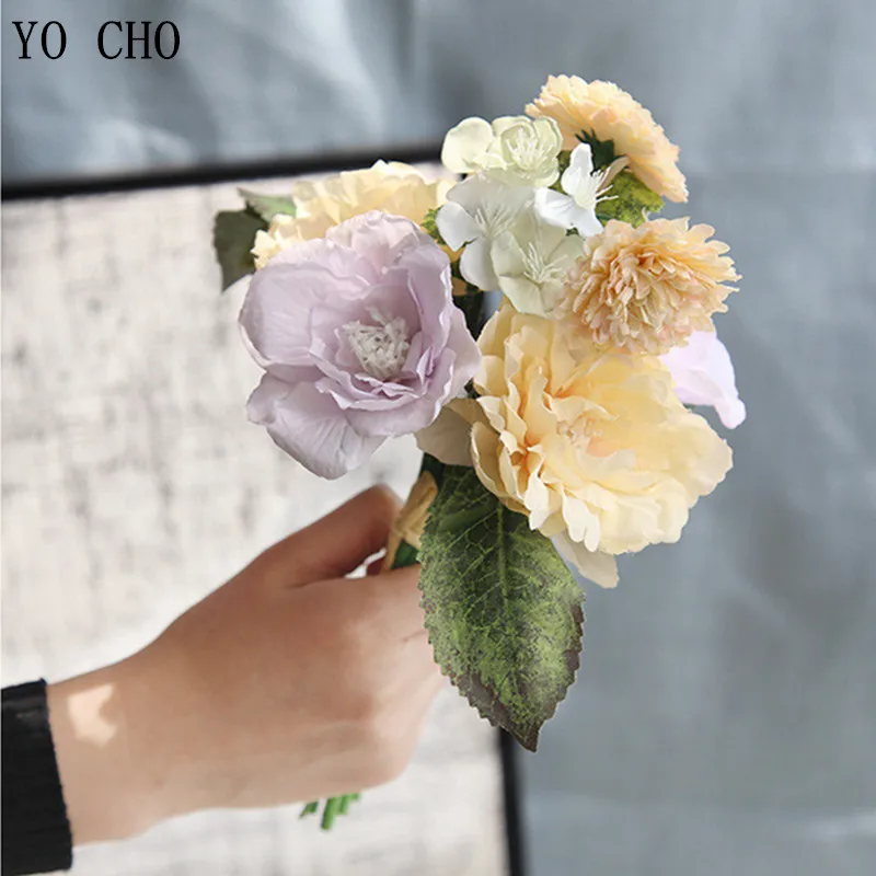 YO CHO Artificial Flowers High Quality Tea Rose Bouquet For Wedding Decoration Fake Flowers Home Balcony DIY Decor Silk Flowers