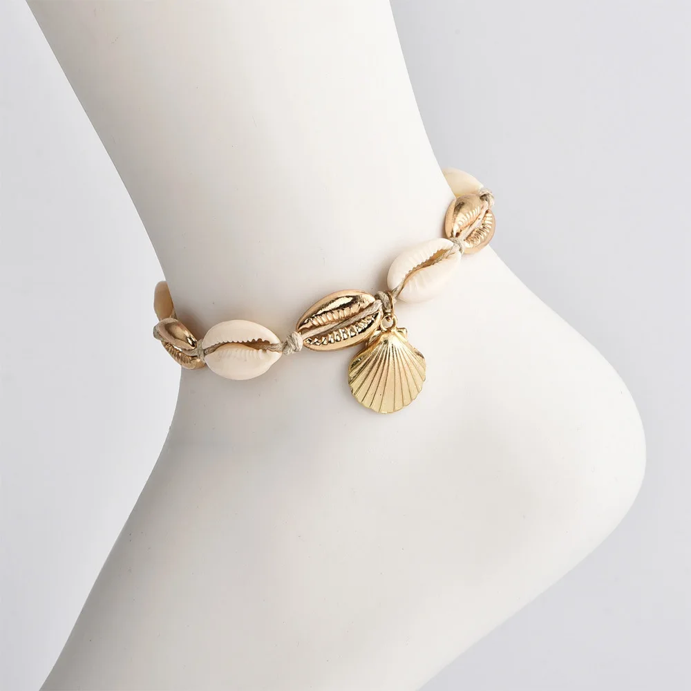 

Vintage Antique Gold Color Anklet Women shell sequins Beads Geometric Bracelet Charm Bohemian Ankle Bracelet Boho Foot Jewelry