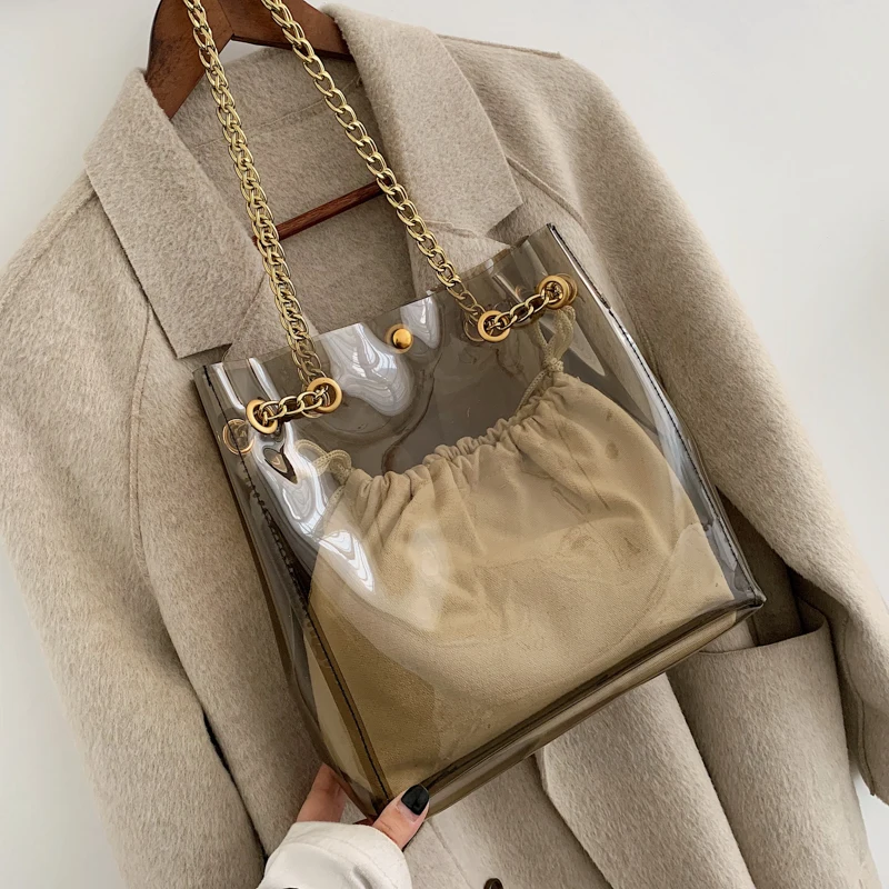 

Jelly PVC Transparent Handbags For Women 2019 Summer Big Bucket Bags Ladies Chain Crossbody Bag Female New Travel Shoulder Bag