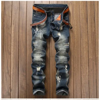 

Men's Distressed Ripped Jeans Fashion Brand Designer Motorcycle Moto Biker Denim High Quality Elastic Hip Hop Men Jeans 001-3