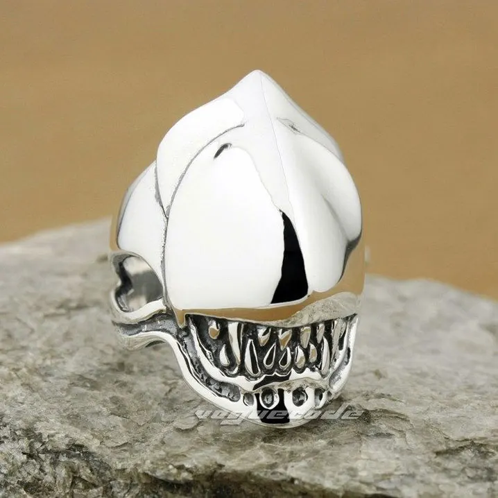 Панк рокерское модное блестящее кольцо твердое 925 пробы Серебряное крутое мужское байкерское кольцо с чужеродным черепом 8S008