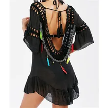 Bikini Cover Up Lace up Hollow Crochet Swimsuit tassel Beach Dress Women Summer Cover-Ups Bathing Suit Ladies Beach Wear Tunic sexy cotton bathing suit cover ups summer beach dress tassel trim bikini swimsuit cover up beach wear pareo sarong