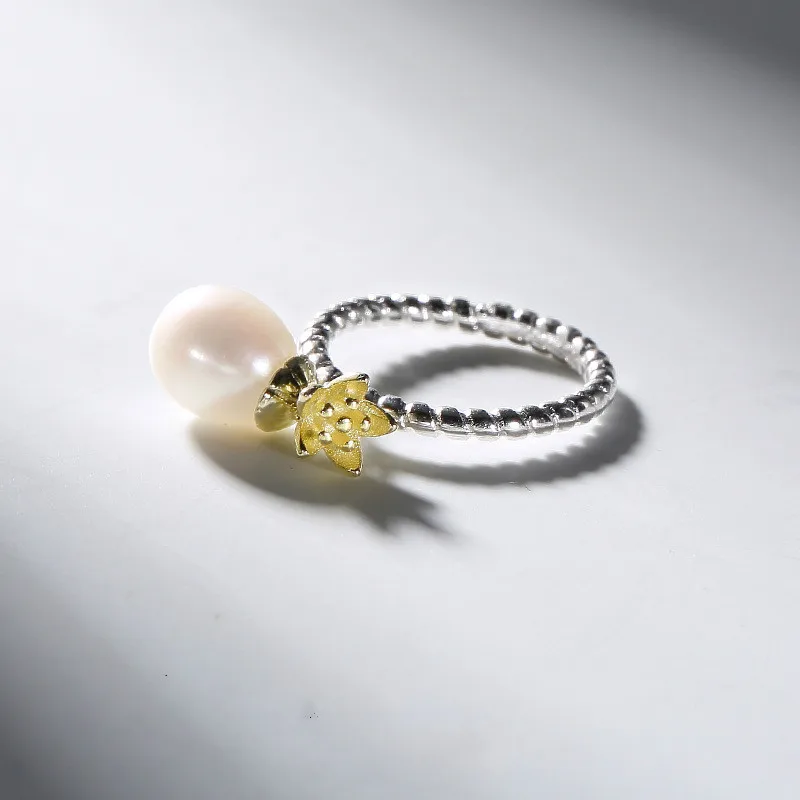 

100% Authentic Pure 925 Sterling Silver Lotus Mosaic Pearl Braided Lines Open Rings For Women Shell Beads Pure Silver Rings