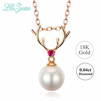 

L&zuan Antler Shape 18K Gold Pendant for Women Natural Freshwater Pearl 0.04ct Red Diamond Necklace Fine Jewelry Valentines Gift