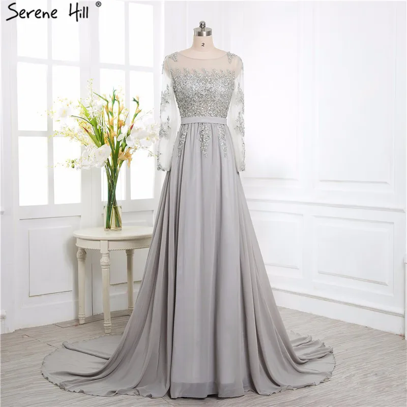 

Grey Beading Crystal Formal Long Sleeve back cover elegant evening dresses long Prom Custom Size Party Dress 2019 HA2097