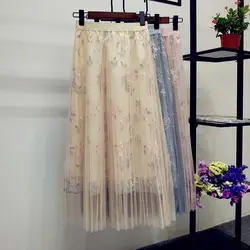 2018 Весна новое поступление универсальные Тюлевая Юбка элегантная плиссированная юбка Феи цветочной вышивкой эластичный пояс юбки