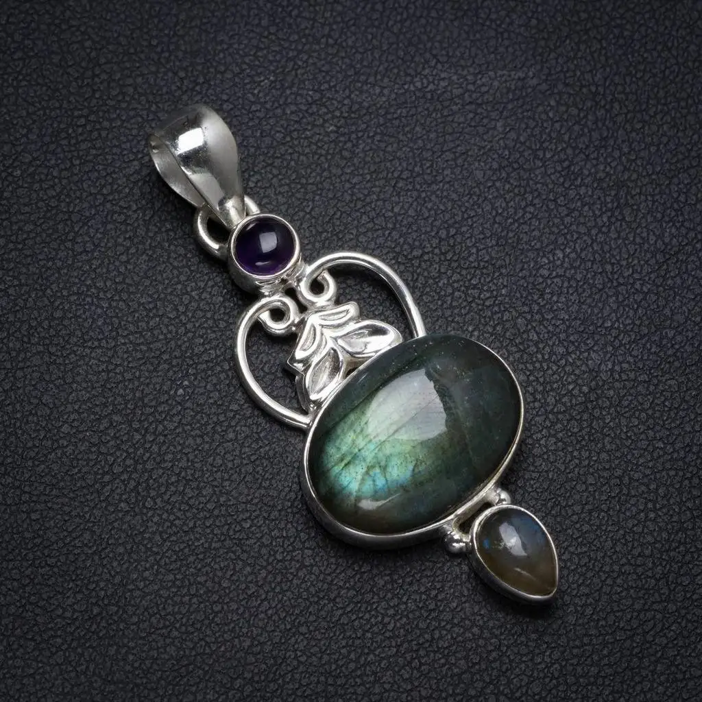 

Natural Blue Fire Labradorite and Lapis Lazuli Handmade Unique 925 Sterling Silver Pendant 2" X0278