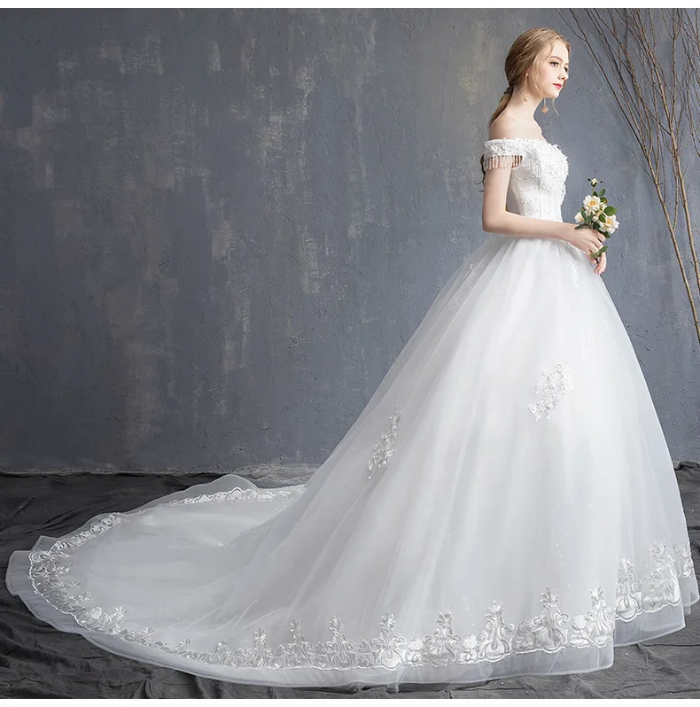 

New luxury romantic elegant dreamy gorgeous women boat neck lace beads backless sweep train wedding party dress wholesale