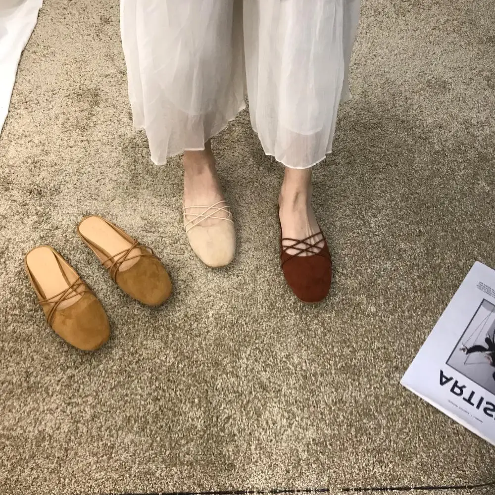

retro cross band hollow close toe slippers upscale velvet women summer slides comfy soft bottom mules shoes lazy flat flip flops