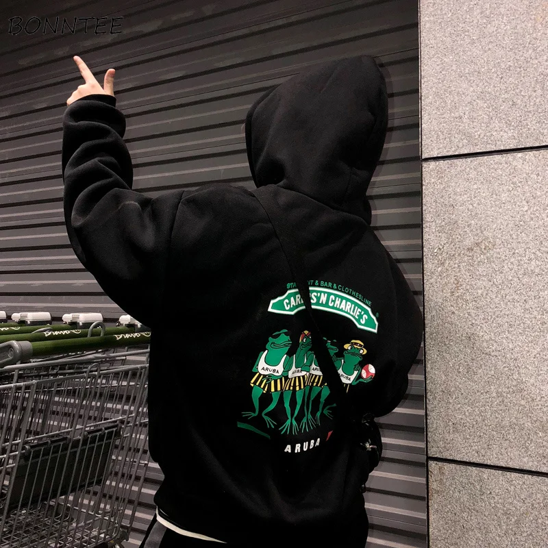  Hoodies Women Thicker Warm Funny Cartoon Print Trendy Pocket Korean Loose Simple All-match Ladies S