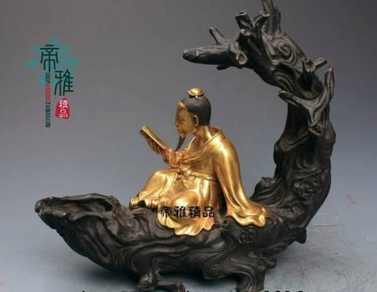 

R0717 Details about China Tang Dynasty Poet Bronze 24K Gold Gild Sit Trunk Li Bai Read Book Statue (B0413)