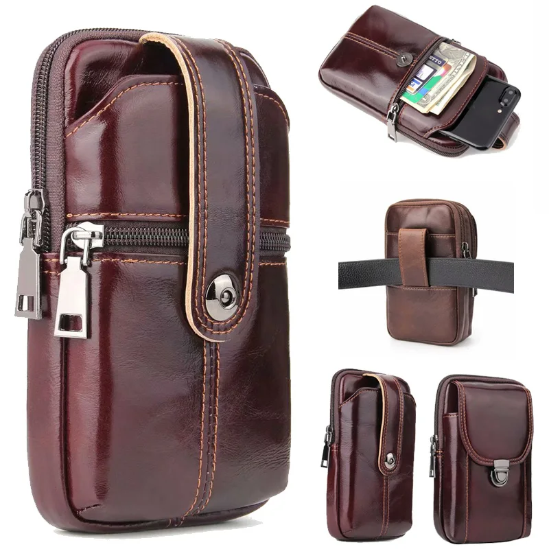 

Universal Phone Bag Genuine Leather Carry Belt Clip Pouch Waist Purse Case Cover for SmartPhone 6.3 inch Zipper Phone Bag