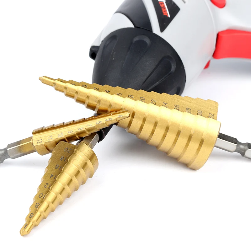 3 Pcs Stepped Drill Bits Hex Shank HSS Titanium Coated Straight Flute Pagoda wood tool hand drill bits brocas para metal 3 Pcs Stepped Drill Bits Hex Shank HSS Titanium Coated Straight Flute Pagoda wood tool hand drill bits brocas para metal