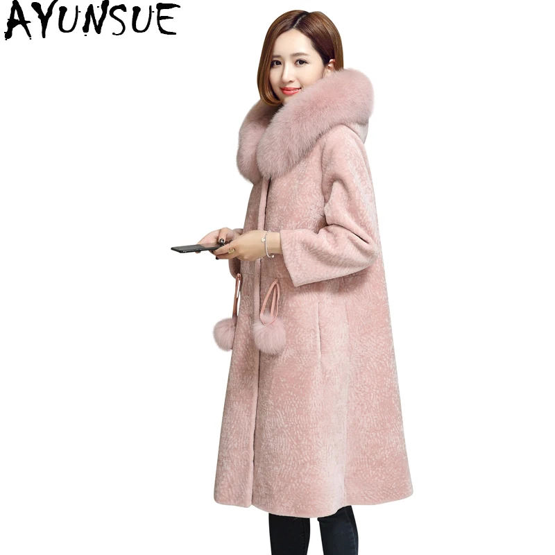 

AYUNSUE Natural Sheep Shearing Real Fur Coat Hooded With Fox Fur Collar Winter Long Wool Overcoat Female Jacket Clothing OS16040